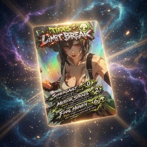 Könnte beinhalten: Eine holografische Sammelkarte mit dem Text "LIMIT BREAK" und einer Illustration einer weiblichen Figur. Die Karte enthält die Texte "SOMERSAULT", "METEOR STRIKES" und "FINAL HEAVEN" mit zugehörigen numerischen Werten. Der Hintergrund ist eine kosmische Szene.