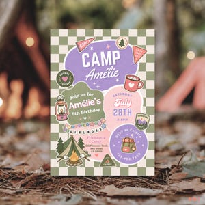 May include: A rectangular birthday invitation card with a green and white chequered background. The text reads CAMP Amélie, Join us for Amélie's 8th Birthday, Saturday July 28th 3-5PM, Friendship Cabin 512 Pinecone Trail, San Diego, CA 02103, RSVP to Colette 123.456.7890. Graphics include a tent, campfire, lantern, cocoa mug, and backpack.