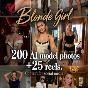 Op de afbeelding: Een digitale collectie van 200 AI-modelfoto's en 25 reels met een blond persoon in diverse outfits, waaronder een rode satijnen jurk, een beige trenchcoat, een rode crop top, een witte rok, een zwarte jurk en vrijetijdskleding.