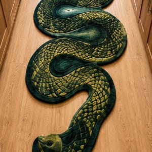 Puede incluir: Una alfombra larga y sinuosa con forma de serpiente, que presenta un patrón de escamas texturizado en tonos verde oscuro y verde lima. La alfombra sigue un camino serpenteante con una cabeza definida en un extremo y una cola afilada al otro.