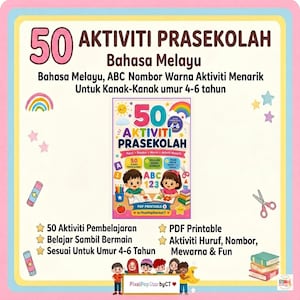 May include: A digital educational resource titled 50 AKTIVITI PRASEKOLAH featuring colorful illustrations of children, letters, numbers, and school supplies. The layout includes text in Malay, decorative stars, rainbows, scissors, and glue sticks.