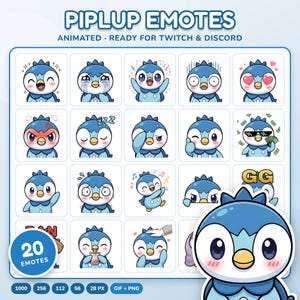 Puede incluir: Una colección de 20 emoticonos digitales que presentan un personaje de pingüino azul y blanco con diversas expresiones y acciones, incluyendo llorar, dormir, bailar y usar gafas de sol, etiquetados como Piplup Emotes para Twitch y Discord.