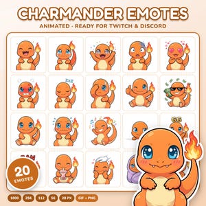 Puede incluir: Una colección digital de 20 emoticonos de Charmander con diversas expresiones y acciones, incluyendo reír, llorar, dormir y usar gafas de sol. El texto dice CHARMANDER EMOTES, ANIMATED, READY FOR TWITCH & DISCORD, 20 EMOTES, 1000, 256, 112, 56, 28 PX, GIF + PNG.