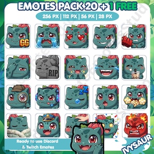 Puede incluir: Un paquete de 21 emotes digitales con una criatura verde parecida a una planta con diversas expresiones. Los emotes incluyen llanto, corazones y enfado. El texto en la imagen incluye "EMOTES PACK 20 + 1 FREE" y "Ready to use Discord & Twitch Emotes."