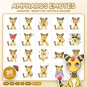 Könnte beinhalten: Eine Sammlung von 20 digitalen Emotes, die den gelb-schwarzen Charakter Ampharos in verschiedenen Ausdrücken und Posen zeigen. Der Text lautet AMPHAROS EMOTES, ANIMATED, READY FOR TWITCH & DISCORD, 20 EMOTES, 1000, 256, 112, 56, 28 PX, GIF + PNG.