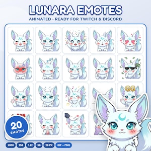 Peut inclure: Une collection numérique de 20 émoticônes animées représentant une créature blanche ressemblant à un renard avec un croissant de lune sur le front. L'ensemble inclut diverses expressions, intitulé LUNARA EMOTES, READY FOR TWITCH & DISCORD.
