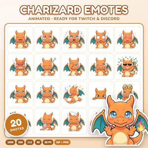 Peut inclure: Une collection numérique de 20 émoticônes Charizard représentant une créature orange ressemblant à un dragon avec des ailes bleu sarcelle et une queue enflammée. Les émoticônes montrent diverses expressions et actions, dont pleurer, dormir, danser et porter des lunettes de soleil.
