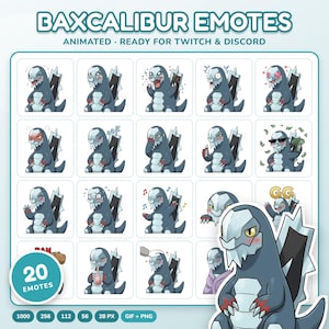 Op de afbeelding: Een digitale collectie van 20 geanimeerde emotes met een grijs en wit draakachtig wezen genaamd Baxcalibur. De emotes tonen verschillende uitdrukkingen en acties, waaronder slapen, het dragen van een zonnebril en het drinken van boba.