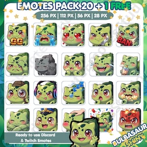 21 Emotes de Bulbasaur Shiny para Twitch y Discord – Chibi Streamer Pack – Pokémon Verde PNG