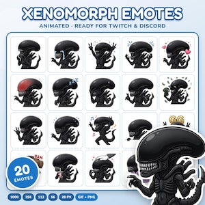 Puede incluir: Una colección digital de 20 emoticonos Xenomorph con diversas expresiones y acciones, incluyendo llorar, dormir, bailar y sostener dinero. El conjunto está etiquetado como Xenomorph Emotes, Animated, Ready for Twitch and Discord, con 20 Emotes.