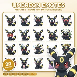 Op de afbeelding: Een digitale collectie van 20 Umbreon-emotes met het zwarte en gele wezen in verschillende uitdrukkingen en houdingen, waaronder huilen, slapen, dansen en met een zonnebril, met de tekst UMBREON EMOTES en 20 EMOTES zichtbaar.