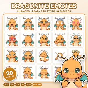 Puede incluir: Una colección de 20 emoticonos digitales que muestran un personaje naranja parecido a un dragón con alas de color verde azulado en varias poses. El texto DRAGONITE EMOTES ANIMATED READY FOR TWITCH & DISCORD aparece en la parte superior.