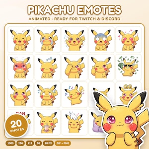 Puede incluir: Una colección de 20 emoticonos digitales de Pikachu con diversas expresiones y acciones, incluyendo reír, llorar, dormir y usar gafas de sol con dinero. El conjunto está etiquetado como PIKACHU EMOTES para Twitch y Discord.