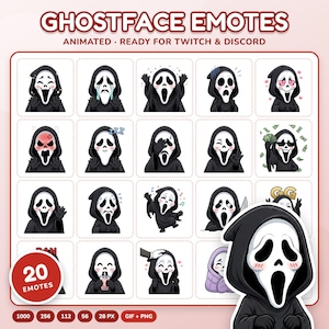 May include: A digital collection of 20 Ghostface emotes featuring various expressions and actions, labeled GHOSTFACE EMOTES ANIMATED READY FOR TWITCH & DISCORD. The set includes icons with hearts, money, sleeping symbols, and text like GG.