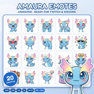 Può includere: Una collezione digitale di 20 emote di Amaura che raffigura una creatura azzurra con orecchie a forma di vela rosa e gialle. La griglia mostra varie espressioni e azioni, tra cui dormire, piangere e indossare occhiali da sole.