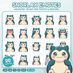 Puede incluir: Una colección digital de 20 emoticonos de Snorlax con diversas expresiones y acciones, como reír, llorar, dormir y llevar gafas de sol. El texto dice Snorlax Emotes, Animated, Ready for Twitch & Discord, 20 Emotes y GG.