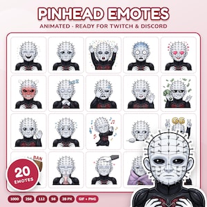 20 Animated Pinhead Emotes Pack pour Twitch Discord | Chibi Streamer Pack | PNG GIF Transparente