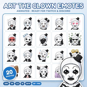 20 Animated Art le Clown Emotes Pack pour Transmissions Streaming Twitch Discord Kick | Transparent