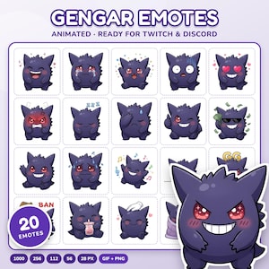 Könnte beinhalten: Eine digitale Sammlung von 20 Gengar-Emotes, die das lila Wesen in verschiedenen Ausdrücken und Posen zeigen, darunter lachend, weinend, schlafend und mit Sonnenbrille. Der Text lautet GENGAR EMOTES, ANIMATED, READY FOR TWITCH & DISCORD.