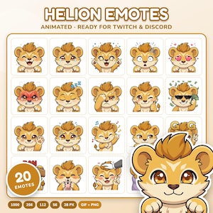 Peut inclure: Un ensemble de 20 émoticônes numériques représentant un lionceau de dessin animé au pelage beige avec une touffe de poils brune. Les images montrent diverses expressions comme la joie, la tristesse, la colère et le sommeil, titrées Helion Emotes.