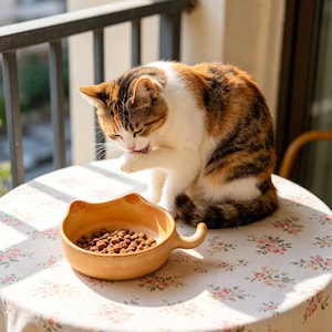 以下が含まれることがあります： 猫型の陶器のフードボウルと、その隣で毛づくろいをする三毛猫。明るい茶色のボウルにはドライキャットフードが入っており、花柄のテーブルクロスが敷かれた丸いテーブルの上に置かれています。猫は白、茶色、オレンジ色の毛並みです。