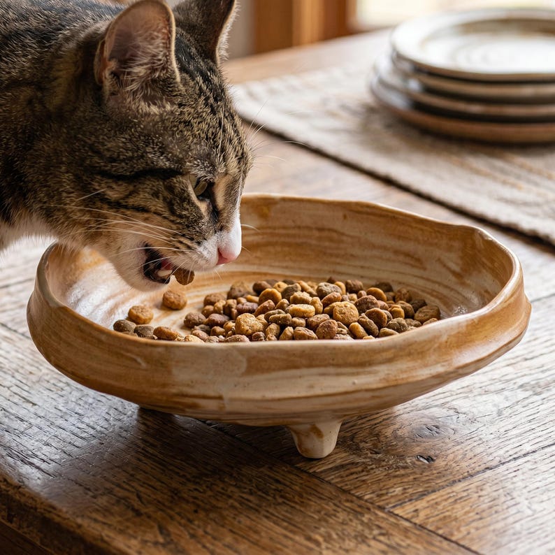 May include: A shallow, round, tan and cream-colored ceramic bowl with a marbled glaze finish and three small feet, filled with brown dry pet food kibble. A tabby cat is eating from the bowl, which is positioned on a wooden surface.