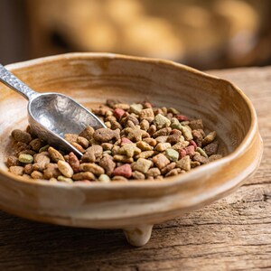May include: A shallow, tan, hand-thrown ceramic bowl with three small feet, filled with a variety of brown, red, and green dry pet food kibble in shapes including fish and stars, accompanied by a small, silver-toned, hammered metal scoop.