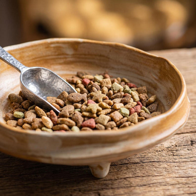 May include: A shallow, tan, hand-thrown ceramic bowl with three small feet, filled with a variety of brown, red, and green dry pet food kibble in shapes including fish and stars, accompanied by a small, silver-toned, hammered metal scoop.