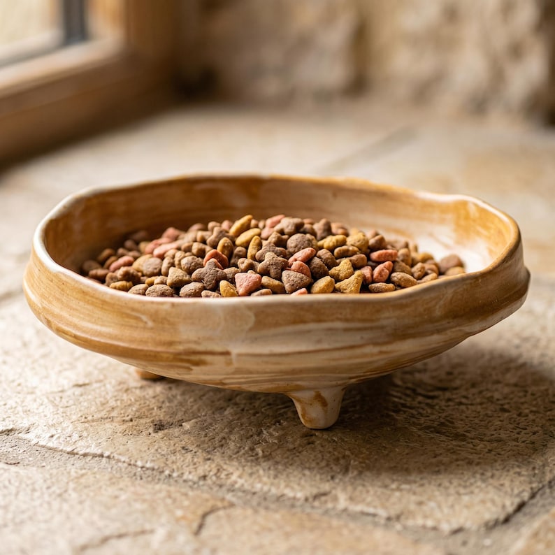 May include: A shallow, round, tan and cream-colored ceramic bowl with an uneven, organic rim and three short, sturdy feet. The bowl is filled with a variety of small, dry, brown and reddish-orange pet food kibble pieces of different shapes.