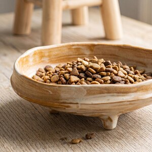 May include: A shallow, round, beige and white marbled ceramic bowl with three short feet, filled with a variety of brown, tan, and dark brown dry pet food kibble in various shapes, including small fish-shaped pieces, resting on a wooden surface.