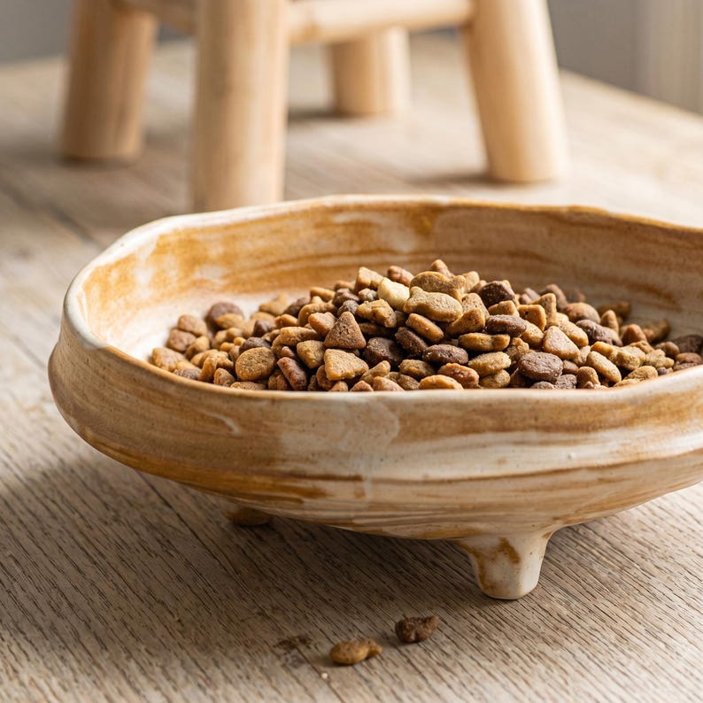 May include: A shallow, round, beige and white marbled ceramic bowl with three short feet, filled with a variety of brown, tan, and dark brown dry pet food kibble in various shapes, including small fish-shaped pieces, resting on a wooden surface.