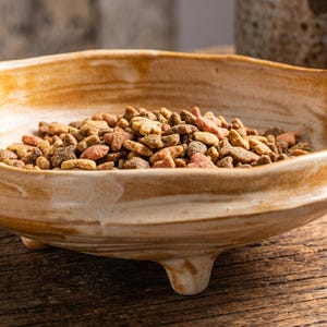 May include: A shallow, three-legged ceramic bowl with a marbled tan and cream glaze, filled with a variety of small, dry, multi-colored pet food kibble in shapes including stars, circles, and fish, resting on a dark, weathered wooden surface.