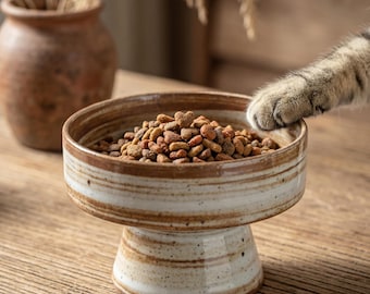Handmade Rustic Swirl Glaze Elevated Cat Feeder, Speckled Ceramic Pedestal Bowl, Vintage Cottagecore Cat Accessory For Indoor Cats