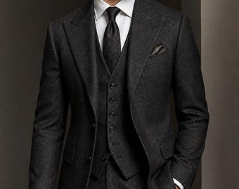 Charcoal Grey 3 Piece Suit for Men – Herringbone Bespoke Suit – Peak Lapel Wedding Suit – Custom Tailored Formal Suit – Luxury Groom Outfit