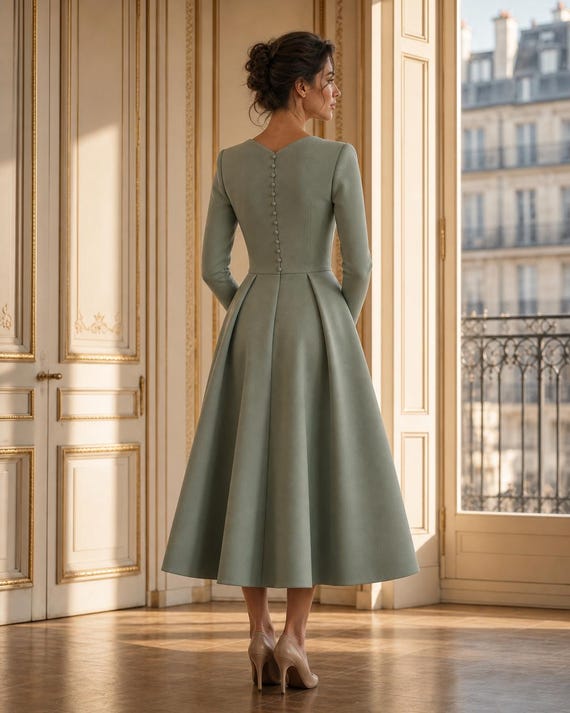 sage green fitted dress Midi Dress, Square Neck Long Sleeve, A-Line Formal Gown flattering