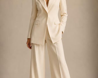 Luxury Women's Long Blazer Suit Set, 2 Piece Wide Leg Pants Set, Elegant Pantsuit, Office Wear, Wedding Guest Outfit
