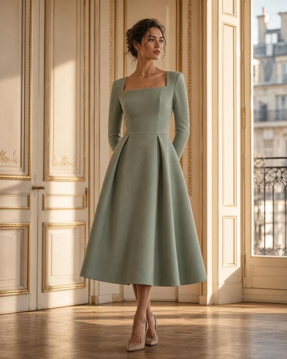 sage green long sleeve midi dress Sage Green Midi Dress, Square Neck Long Sleeve, A-Line Formal Gown