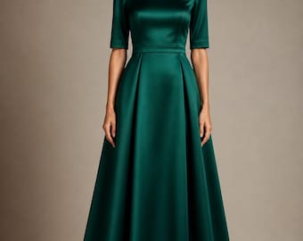 Smaragdgrünes Seidensatin Midi Kleid, Elegantes A-Linien Kleid, Minimalistisches Kleid mit U-Boot Ausschnitt, Luxus Abendkleid, Hochzeitsgast Outfit