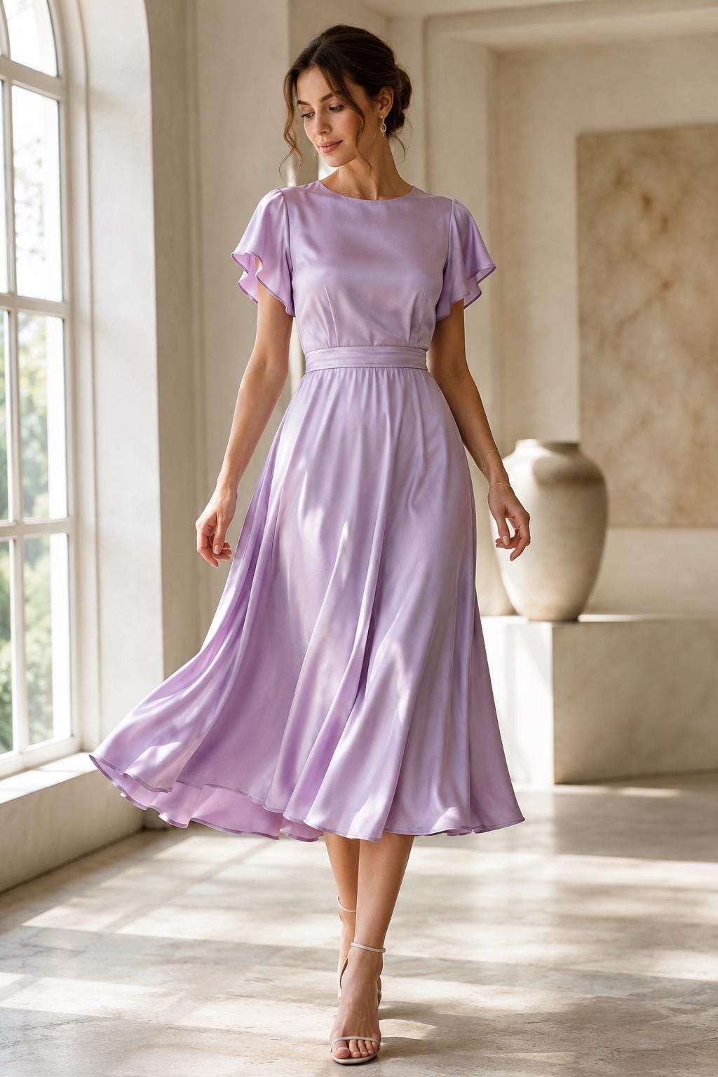 where to resell bridesmaid dress Purple Can I Sell Dresses Pastel Lavender Silk Midi Dress, Flutter Sleeve A-Line Bridesmaid Wedding Guest Formal Retrofete Green Beaded Mini summer2023 SIZE:PL