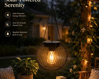 Lampa wisząca solarna do ogrodu – rustykalna dekoracja patio z kutego żelaza, wodoodporna, ciepła lampa LED na werandę, balkon i podwórko