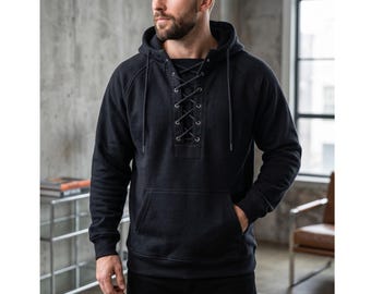Schnür-Henley-Hoodie für Herren, Pullover-Sweatshirt im Retro-Stil, Langarm-Pullover mit Kapuze
