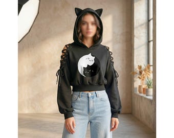 Cat Ears Hoodie, Crop Gothic Bunny Hooded Sweatshirt, Hollow Out Pullover Top