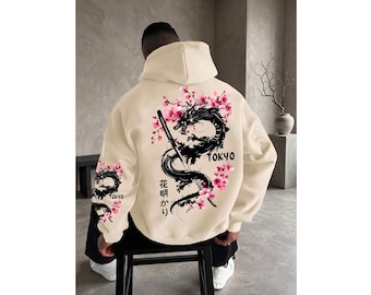 Moletom com capuz Dragon, estampa de flores de cerejeira japonesas, estilo streetwear.
