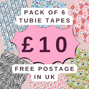 May include: A pack of six tubie tapes with various patterns, including whales, flowers, and zebra stripes. The image features a pink speech bubble with the price of £10. The text "PACK OF 6 TUBIE TAPES" is displayed above the price.