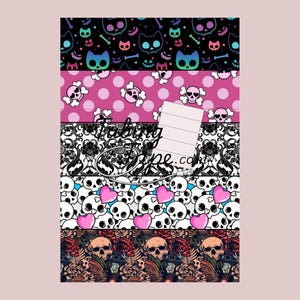May include: A rectangular sheet featuring five horizontal bands of patterns: neon cat skulls on black, pink polka dots with skull and crossbones, black and white damask, white skulls with pink hearts, and a detailed floral skull print with TubingTape.com text.