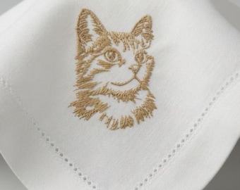 Embroidered Cat Portrait Linen Napkin – Custom Pet Lover Wedding Decor Set of 2 pcs