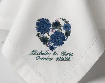Embroidered Blue Floral Heart Linen Napkin | Custom Wedding Names & Date Set of 2 pcs