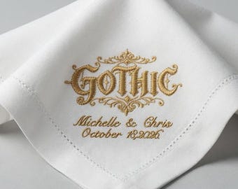 Custom Embroidered Linen Wedding Napkin | Gothic Monogram, Couple Names & Date