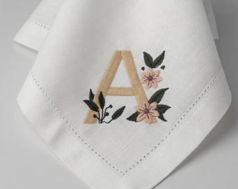 Embroidered Linen Napkin | Floral Monogram Letter A, Pink Flowers, Wedding Decor