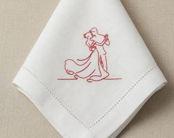 Embroidered Linen Napkins | Romantic Dancing Couple Design, Wedding Anniversary Elegance Set of 2 pcs